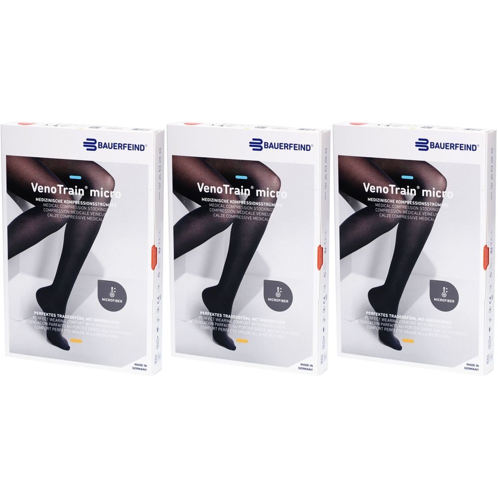 Trois boîtes de bas de compression. Impression : BAUERFEIND, VenoTrain micro. Bas noirs sur fond blanc.