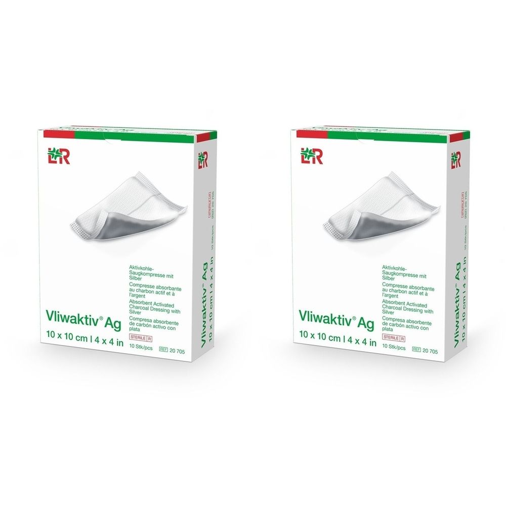 Deux boîtes de pansements Vliwaktiv Ag. Chaque boîte montre une image du produit. Impression : 10 x 10 cm, 4 x 4 pouces.