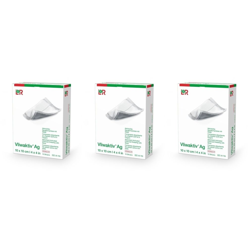 Trois boîtes de compresses absorbantes Vliwaktiv Ag. Chaque boîte montre une compresse. Impression : 10 x 10 cm, 4 x 4 pouces.