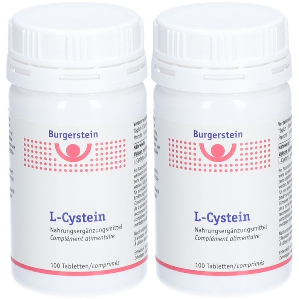 Deux flacons blancs avec bouchons à vis. Inscription Burgerstein, L-Cystein, complément alimentaire. 100 comprimés.