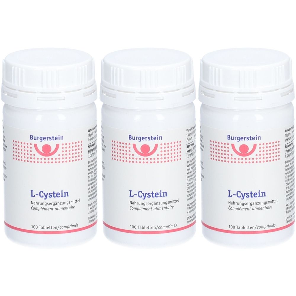 Trois flacons blancs avec bouchons à vis. Inscription: Burgerstein L-Cystein. Complément alimentaire. 100 comprimés.