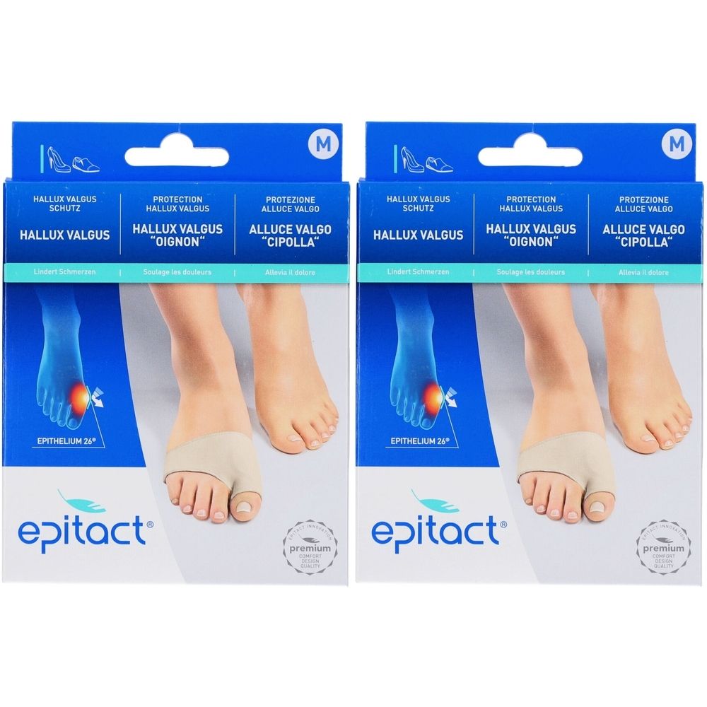 Zwei Packungen mit Hallux Valgus Schutz. Beige Bandage am Fuß, Illustration des Fußes mit rotem Bereich. Marke: epitact.