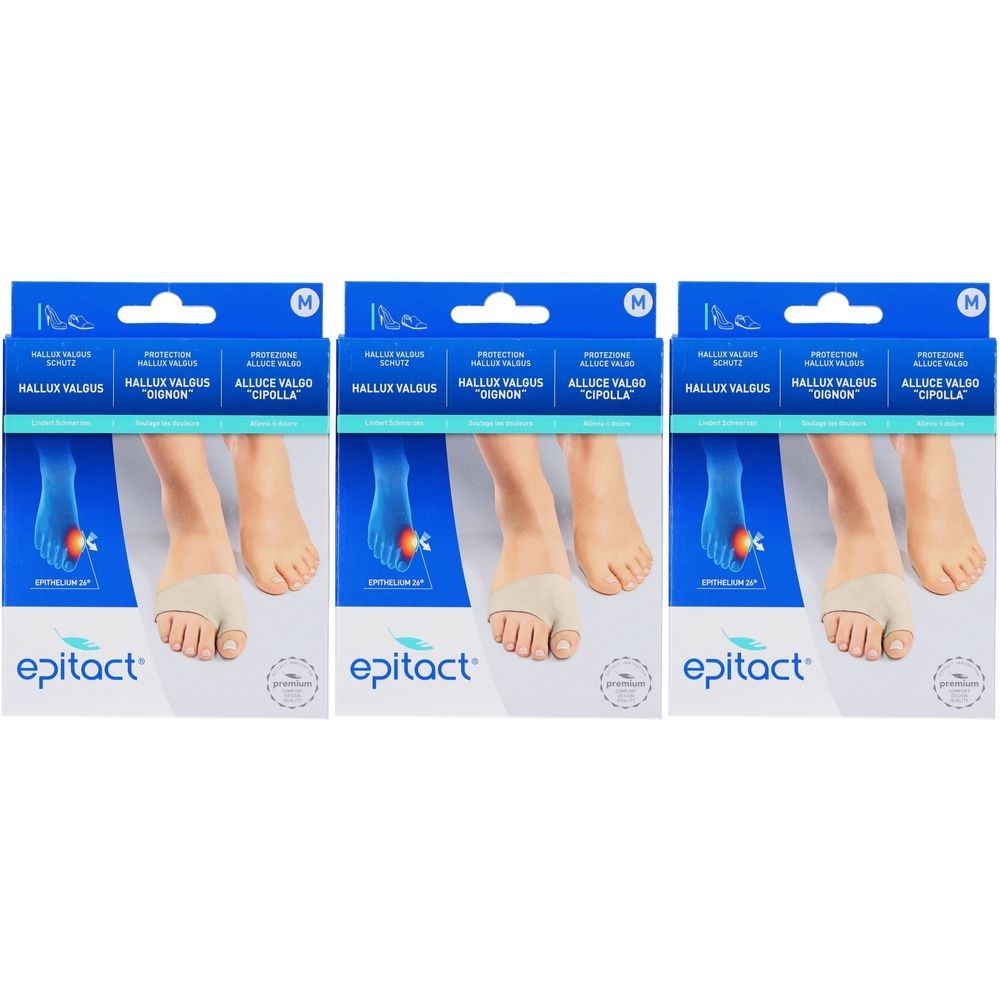 Drei Packungen Epitact Hallux Valgus Schutz. Jede Packung zeigt ein Fußmodell mit dem Produkt. Blaue Verpackung mit Produktnamen.