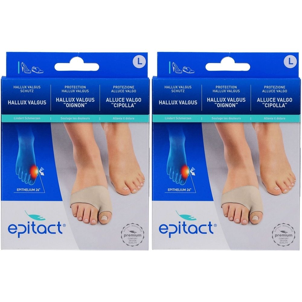 Zwei Packungen Epitact Hallux Valgus Schutz. Beige Zehenschutz mit Epithelium 26. Blaue Verpackung mit Produktnamen in Deutsch, Französisch und Italienisch.