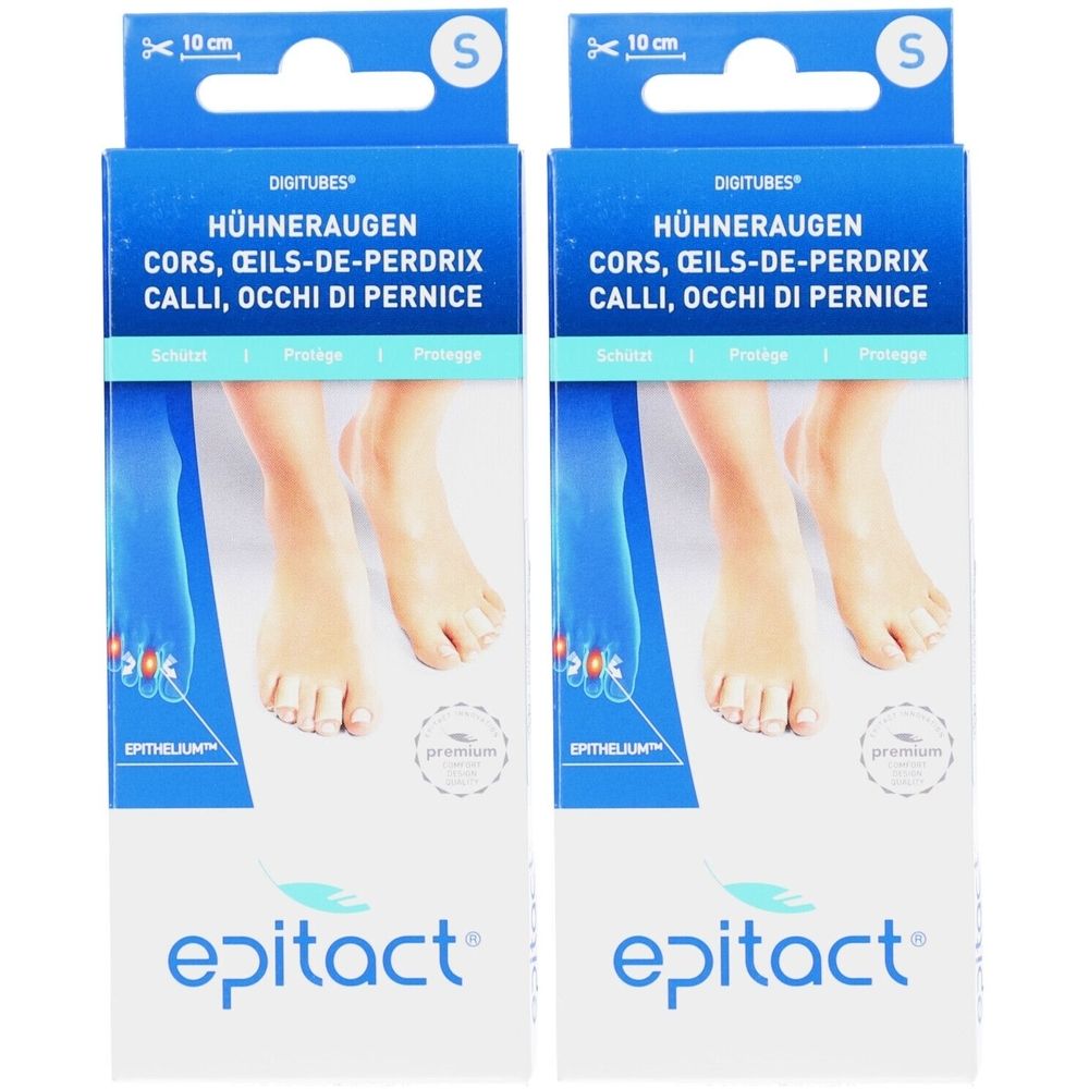 Deux boîtes Epitact Digitubes. Emballage bleu et blanc avec pieds et nom du produit. Taille S.