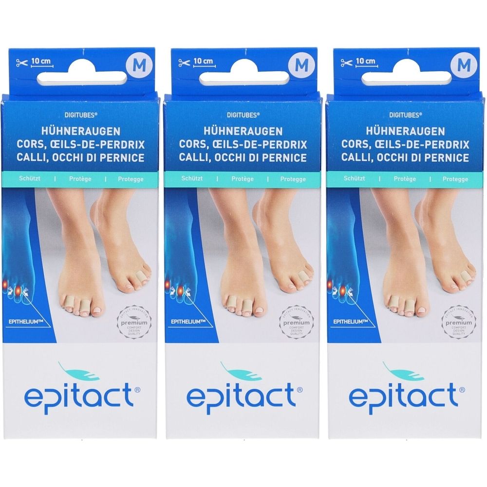 Drei Packungen Epitact Digitubes M. Blaue Verpackung mit Produktnamen und Fußabbildung. 10 cm, Größe M.
