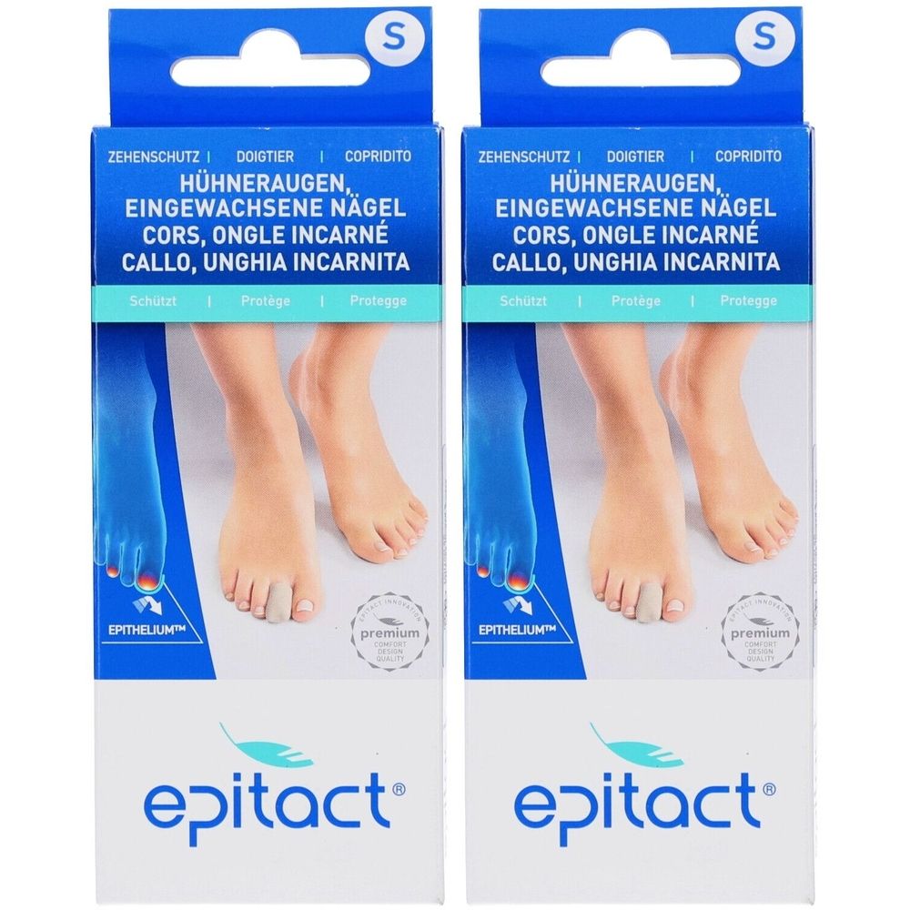 Zwei Schachteln Epitact® Zehenschutz S. Aufschrift: Hühneraugen, eingewachsene Nägel. Blaue und weiße Verpackung mit Füßen.