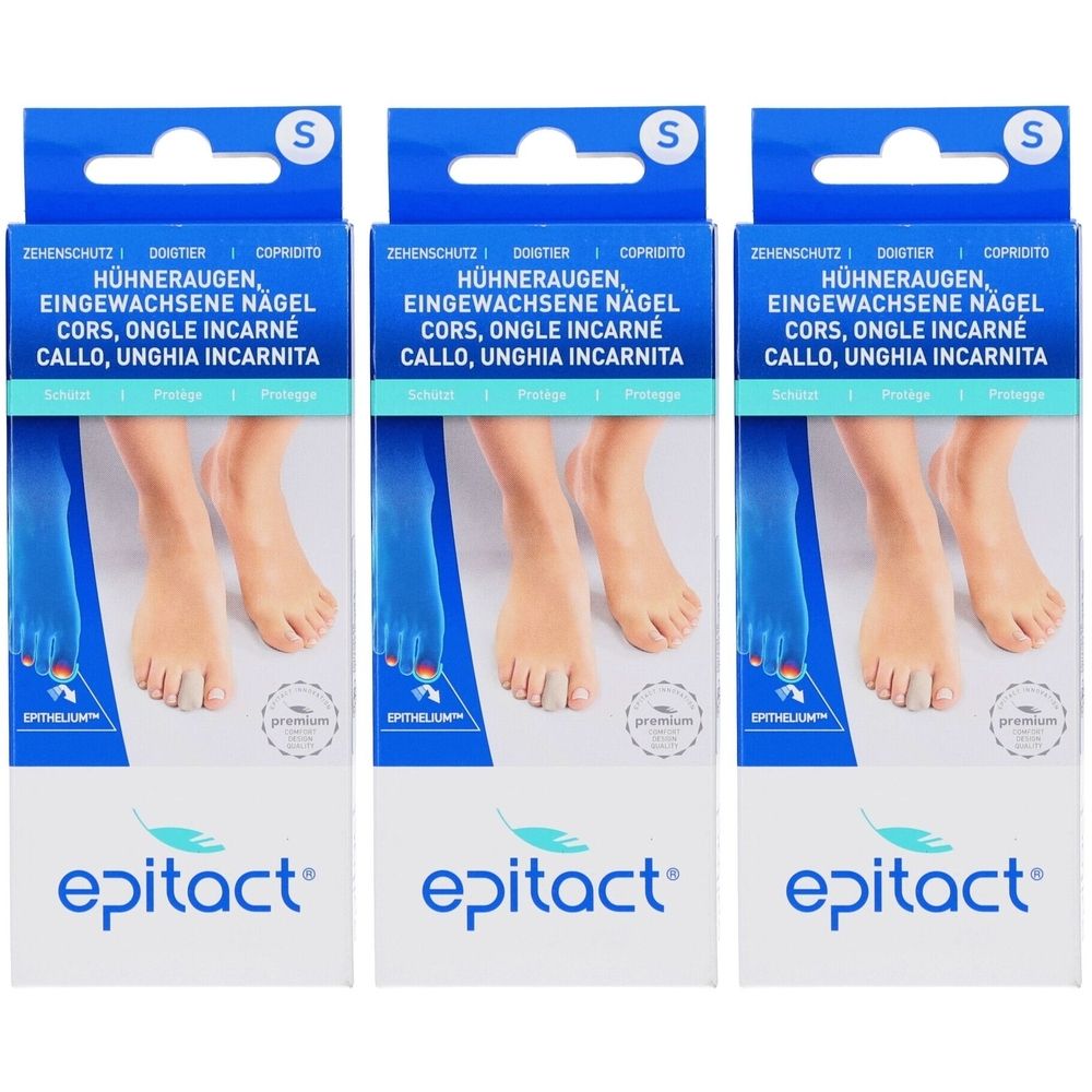 Drei Packungen Epitact® Zehenschutz S. Blaue Verpackung mit Füßen, Produktname und Produktbeschreibung.