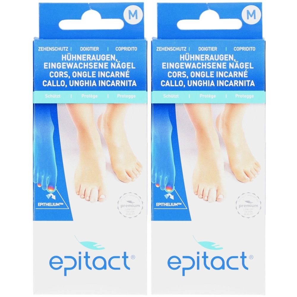Deux boîtes de protection d'orteils Epitact. Inscription : cors, ongles incarnés. Taille M. Illustration de pieds.