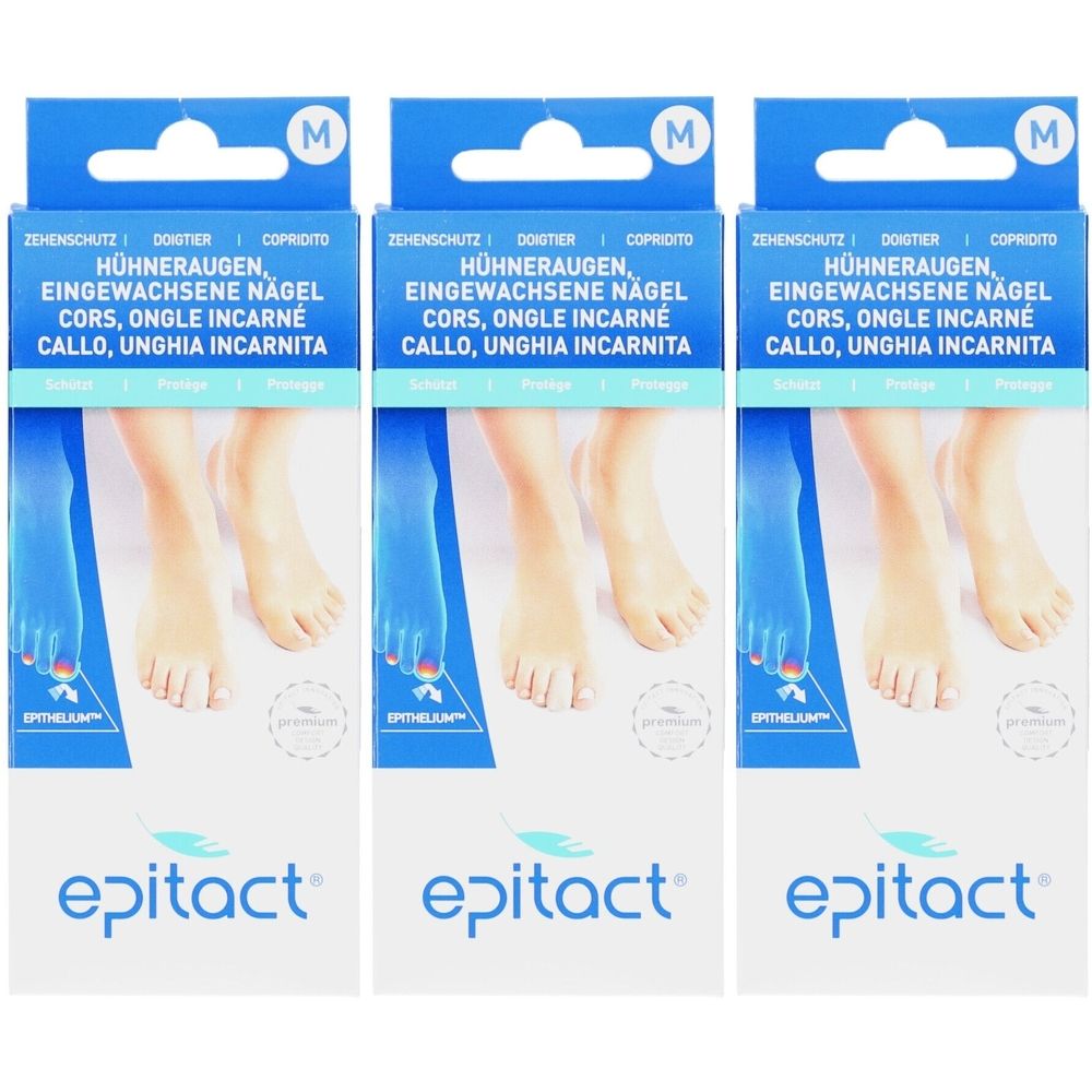 Trois boîtes de protection d'orteils Epitact. Emballage blanc avec texte bleu et image de pieds. Nom du produit et logo en bas.