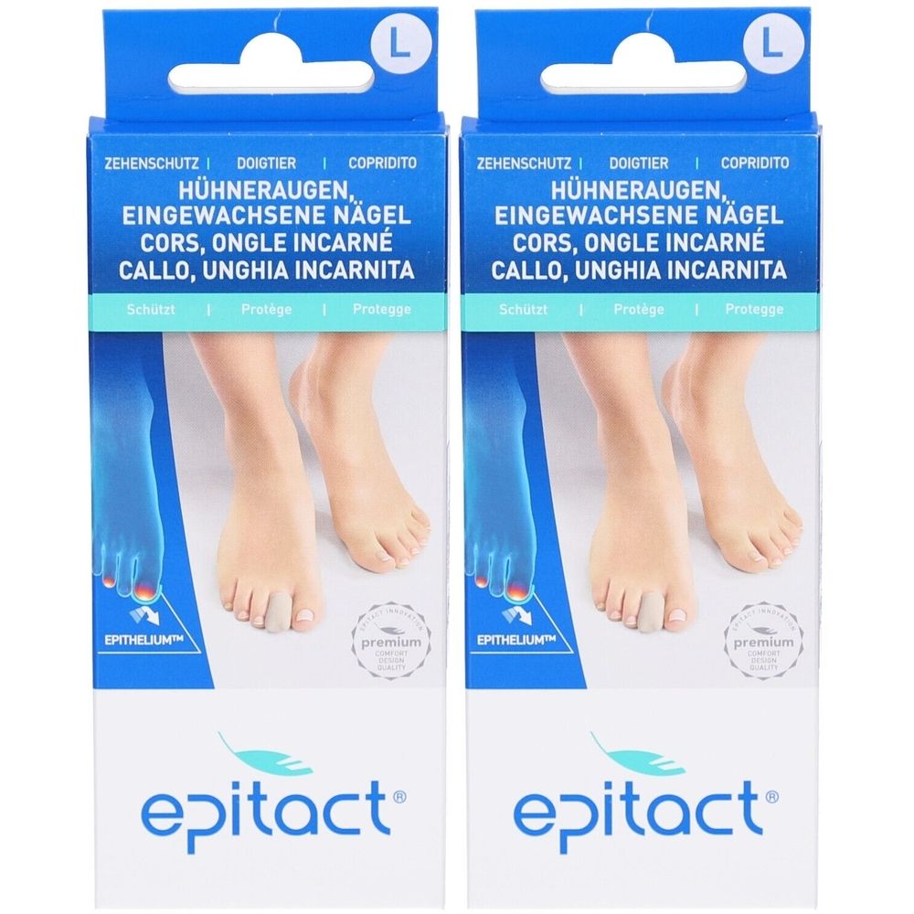 Deux boîtes de produit. Inscription : Epitact, protection des orteils pour cors et ongles incarnés. Illustration de pieds.