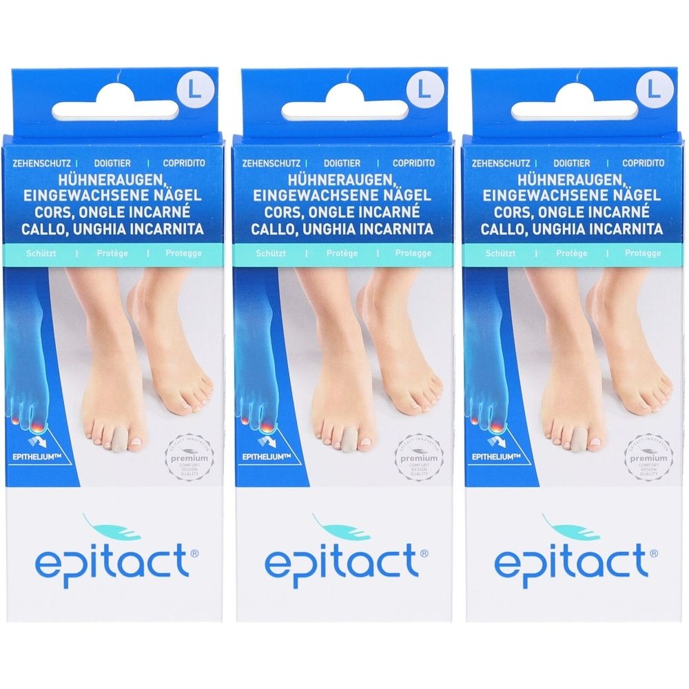 Trois boîtes de Epitact Fingerling L. Inscription : Protection des orteils, cors, ongles incarnés. Logo et illustration du produit.