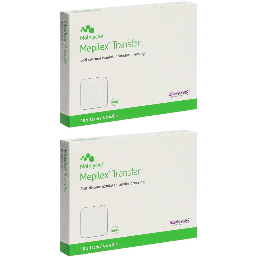 Zwei weiße Kartons mit grünen Akzenten. Aufschrift: Mepilex Transfer, 10 x 12 cm. Weiche Silikon-Exsudat-Transfer-Wundauflage.