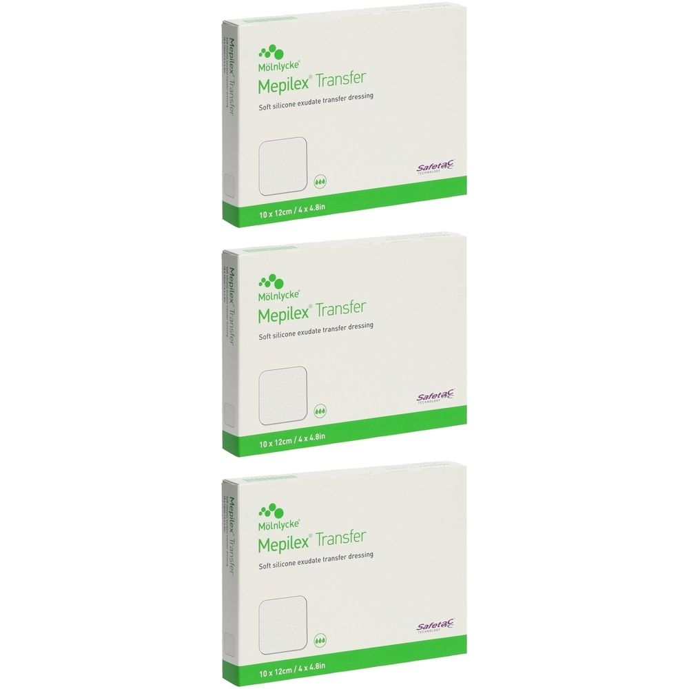 Drei weiße Kartons mit grünen Akzenten. Aufdruck: Mepilex Transfer, Soft silicone exudate transfer dressing. Mit Safetac-Logo.