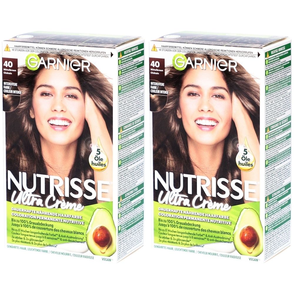 Deux boîtes Garnier Nutrisse Ultra Crème 40 Brun Moyen. Image d'une femme, avocat, 5 huiles. Couverture 100% des cheveux blancs.