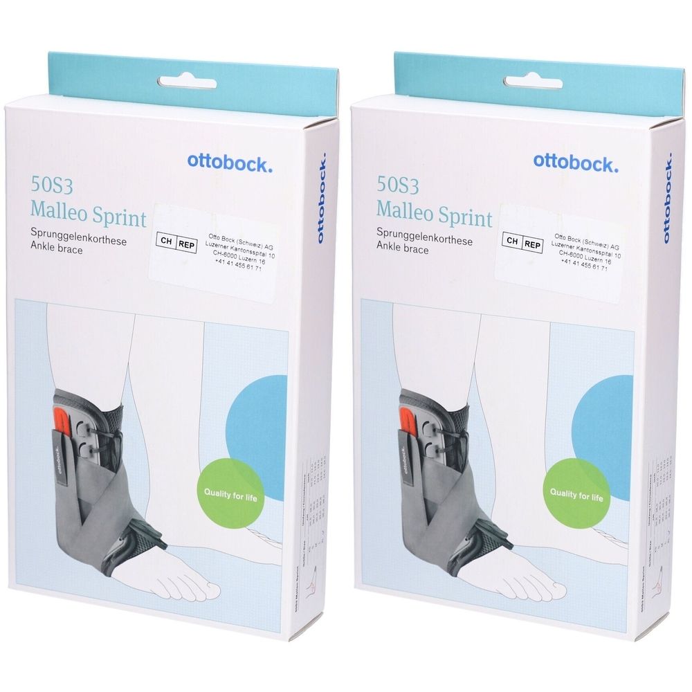 Deux boîtes de l'orthèse de cheville Otto Bock Malleo Sprint. Inscription : 50S3, Ankle brace. Logo : ottobock. Une orthèse de pied est illustrée.