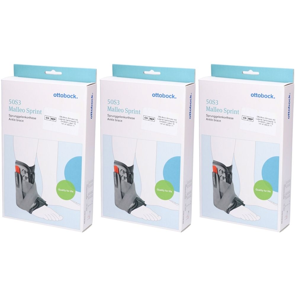 Trois boîtes de l'orthèse de cheville Otto Bock Malleo Sprint. Chaque boîte montre une illustration du produit sur une jambe.