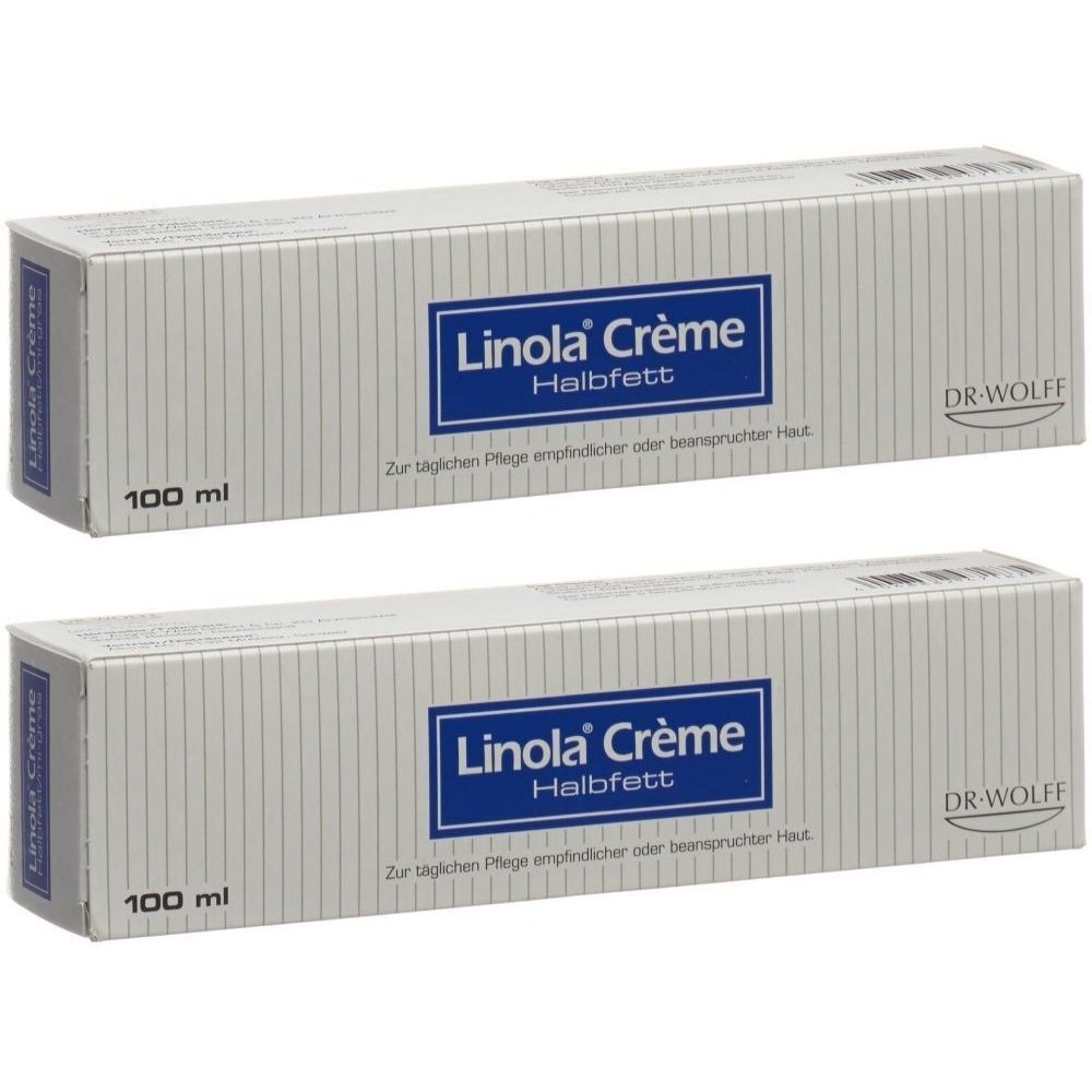 Zwei rechteckige Schachteln. Auf jeder steht "Linola Crème Halbfett". Unten steht "100 ml". Auf der Seite steht "Linola Crème".