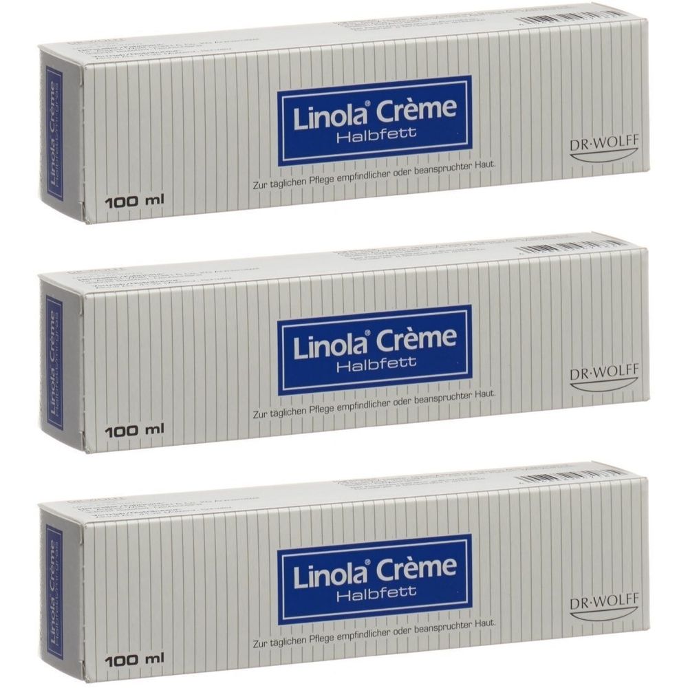 Drei weiße Schachteln mit blauen Rechtecken. Aufschrift: Linola Crème Halbfett, 100 ml. Marke: DR. WOLFF.