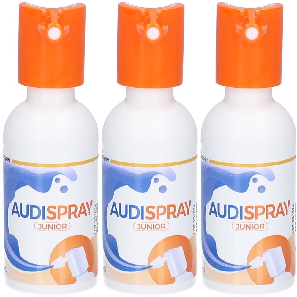 Trois flacons de spray blancs avec des bouchons orange. Le texte "AUDISSPRAY Junior" est visible.