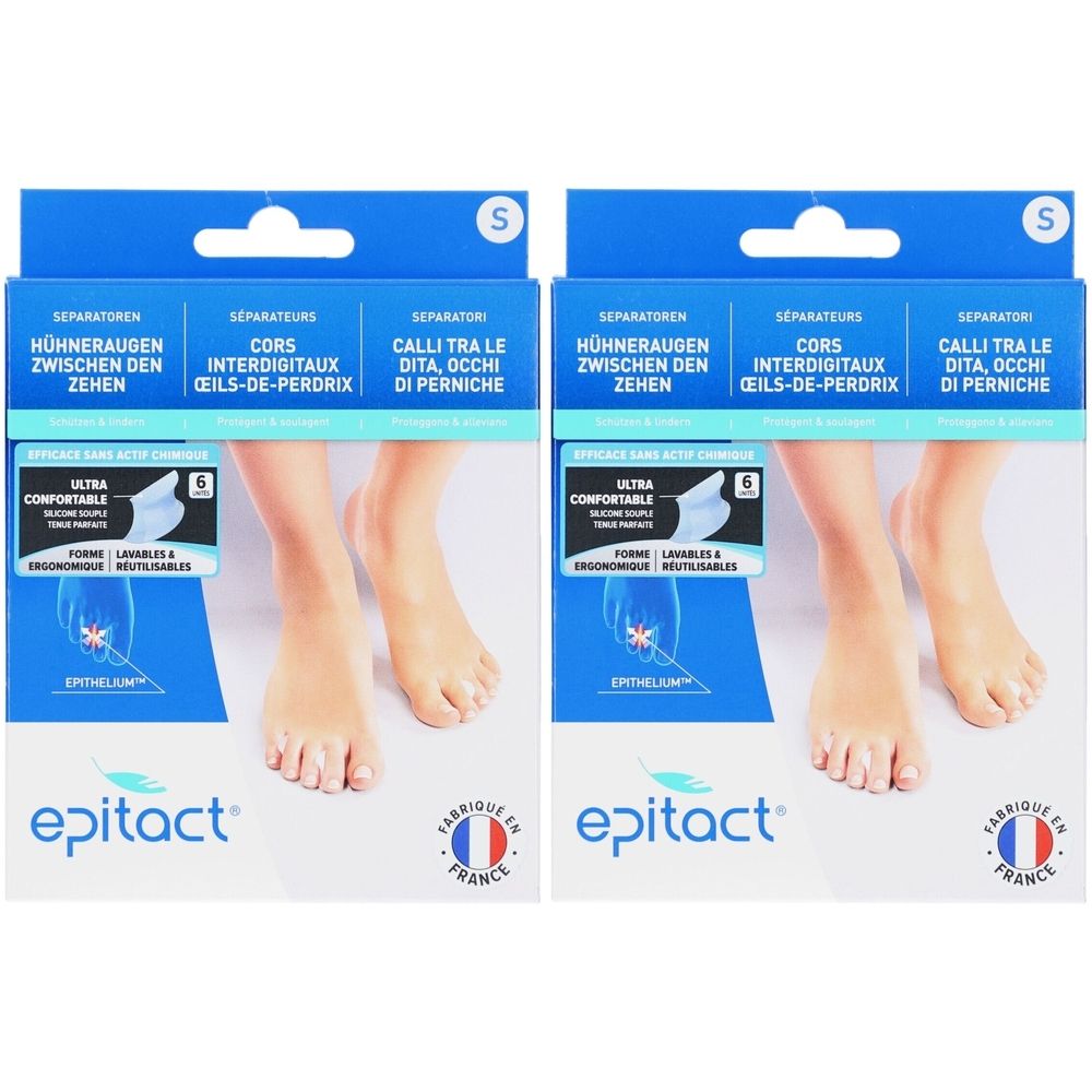 Deux boîtes d'Epitact® séparateurs. Emballage bleu avec nom du produit et pieds. Mention: Fabriqué en France.