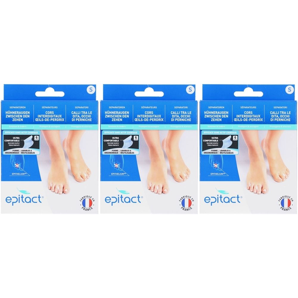 Trois boîtes Epitact® Separatoren. Emballage bleu avec image du produit et texte en allemand, français et italien. Taille S.