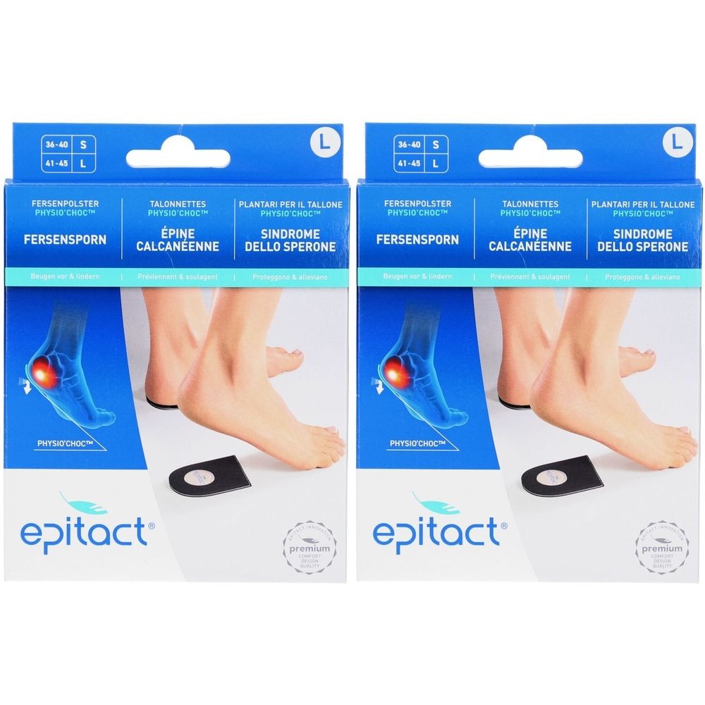 Deux boîtes de coussinets de talon Epitact® Physio'Choc L. Emballage bleu avec illustration du produit et nom en plusieurs langues.