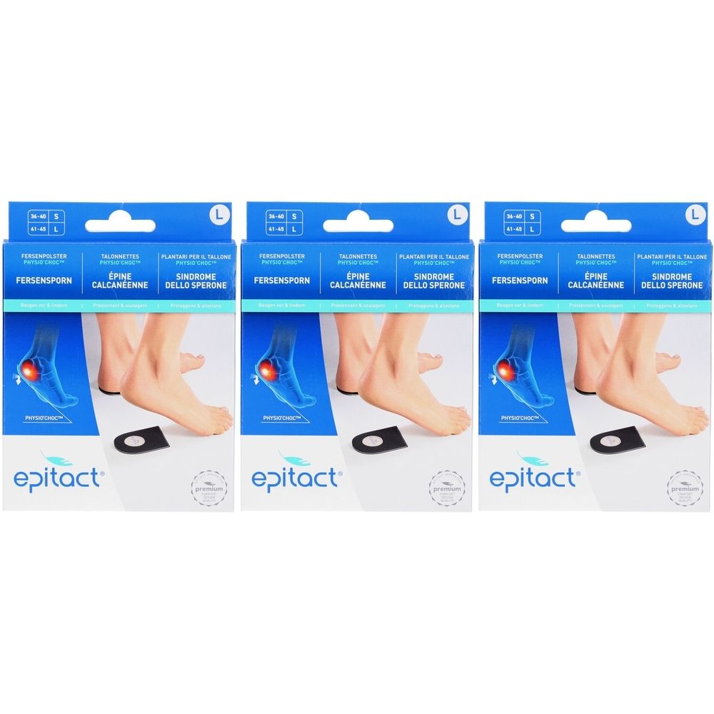 Trois boîtes de coussinets de talon Epitact. Emballage bleu avec illustration d'un pied et d'un coussinet de talon. Texte : Épine calcanéenne, Epitact.