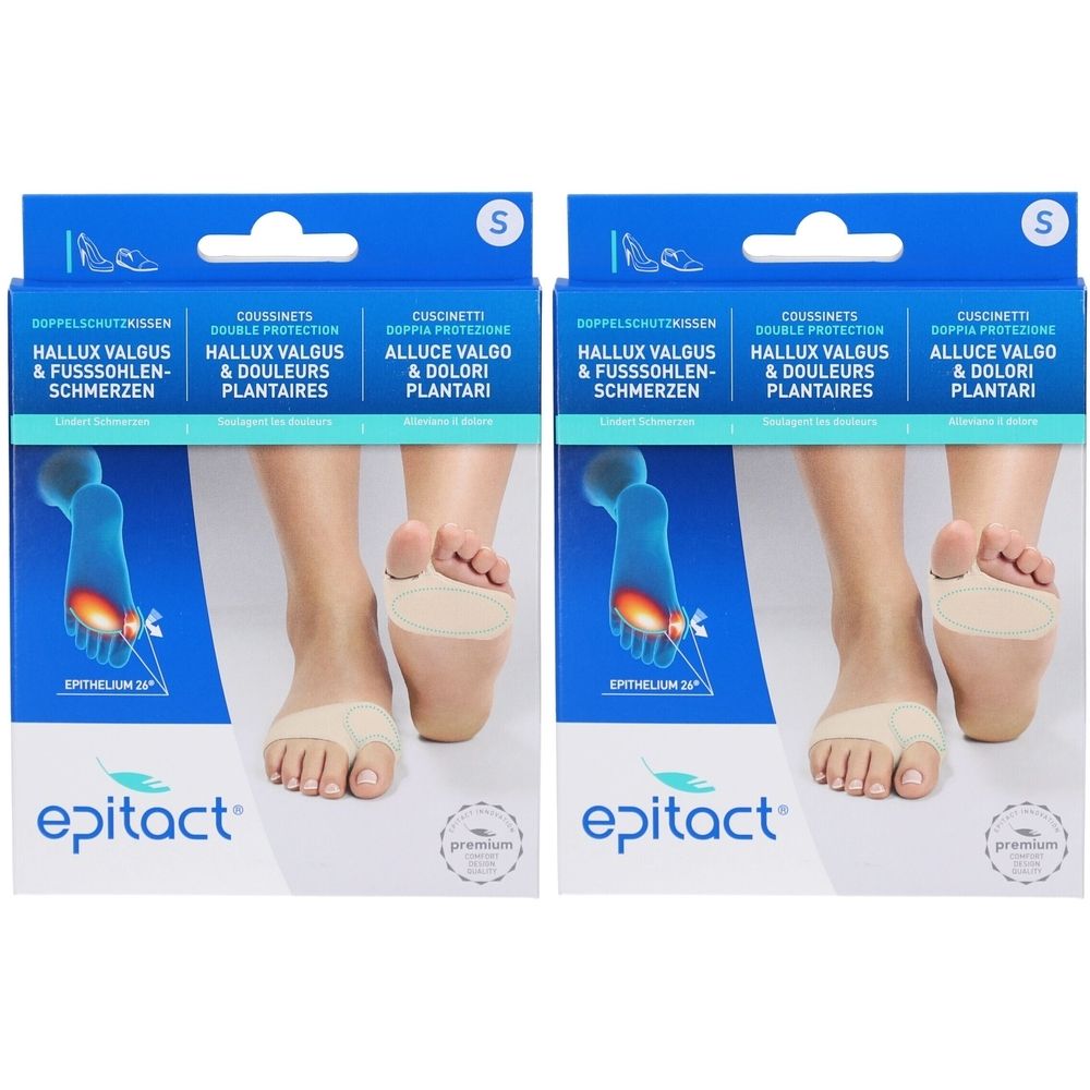 Zwei Packungen Epitact-Fußpolster. Blaue Verpackung mit Produktnamen in Deutsch, Englisch, Französisch und Italienisch. Füße mit Polstern.
