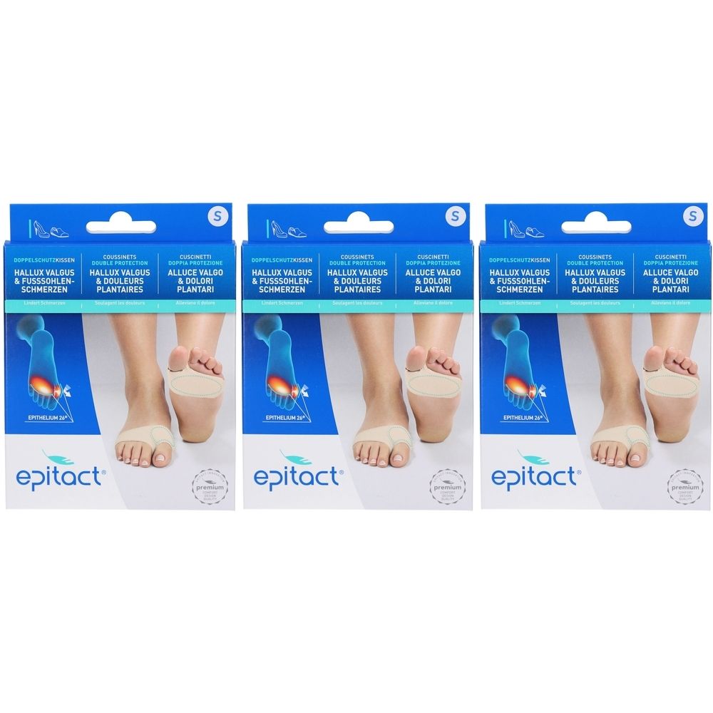 Drei Packungen Epitact-Fußpolster. Blaue und weiße Verpackung mit Abbildung eines Fußes mit Polster. Text: Hallux Valgus & Fußschmerzen.