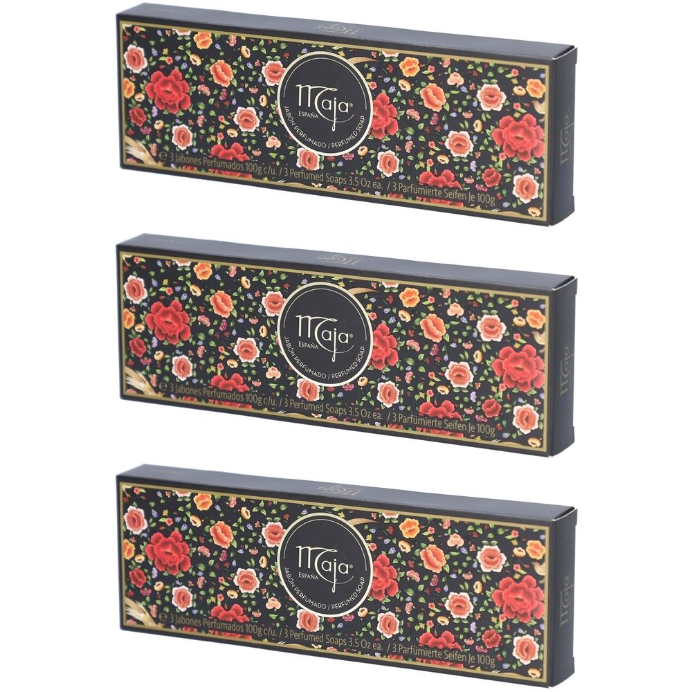 Trois boîtes rectangulaires avec un motif floral et le logo "Maja". Fond noir avec des fleurs rouges et oranges.