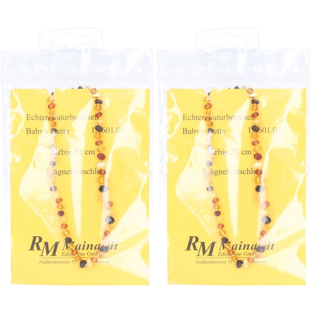 Deux colliers pour bébés en ambre naturel avec fermoir magnétique, emballés. Fond jaune avec texte "Echter Naturbernstein".