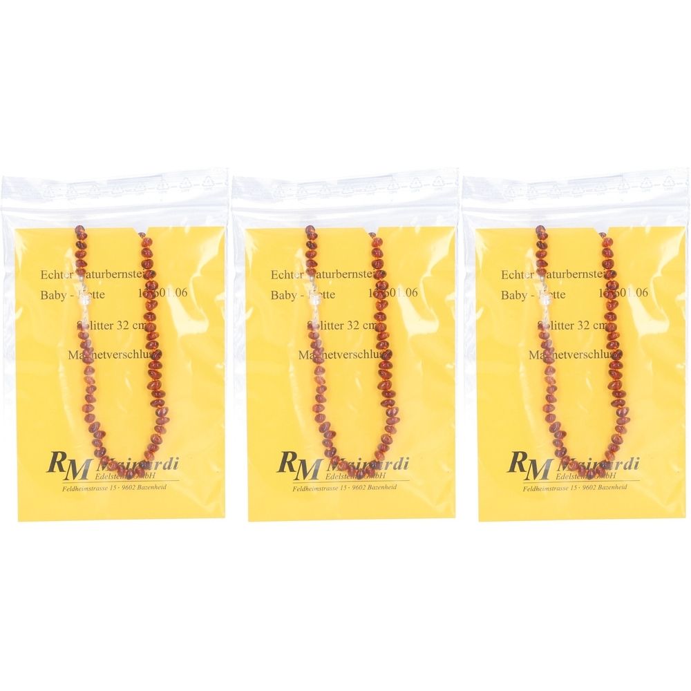 Trois colliers pour bébés en ambre naturel avec fermoir magnétique, emballés. Fond jaune avec informations et logo.