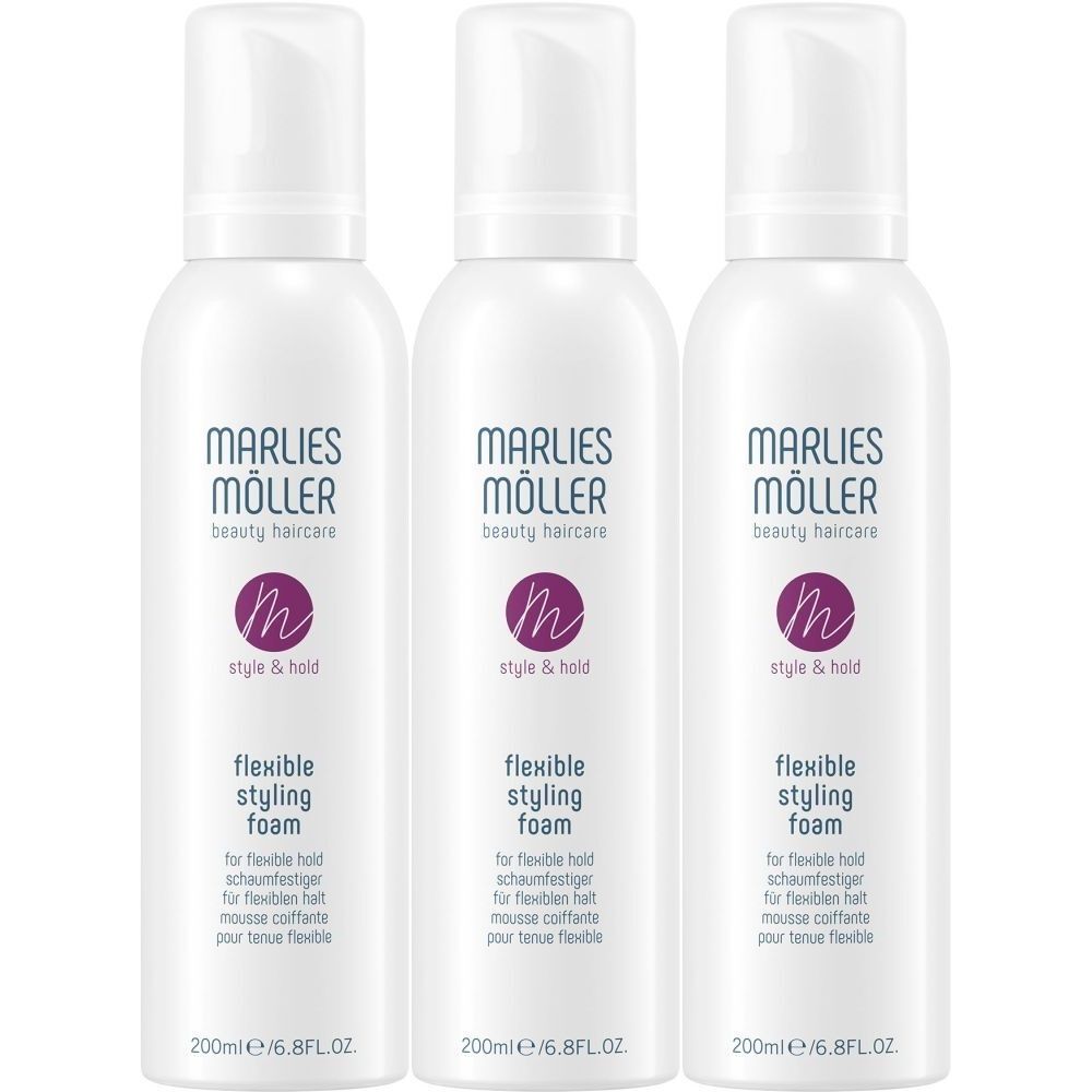 Trois flacons blancs avec bouchon pulvérisateur. Inscription: Marlies Möller beauty haircare, style & hold, flexible styling foam. 200ml/6.8FL.OZ.