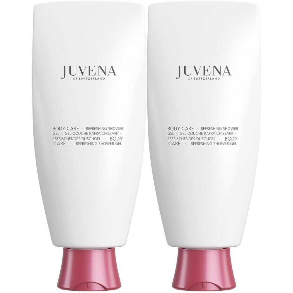 Deux tubes blancs avec base rose. Inscription: Juvena of Switzerland, Body Care, Refreshing Shower Gel.