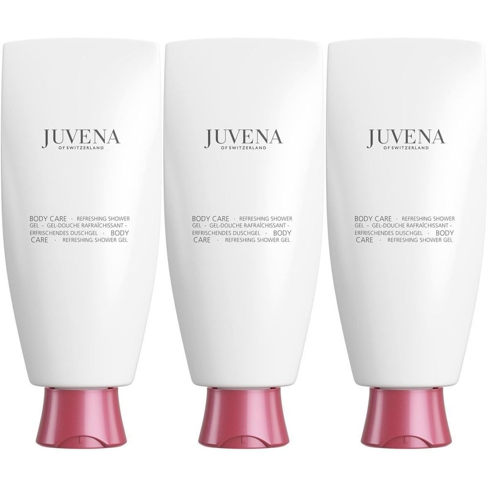 Trois flacons blancs avec des bases roses. Chaque flacon porte l'inscription "JUVENA" et "BODY CARE Refreshing Shower Gel".