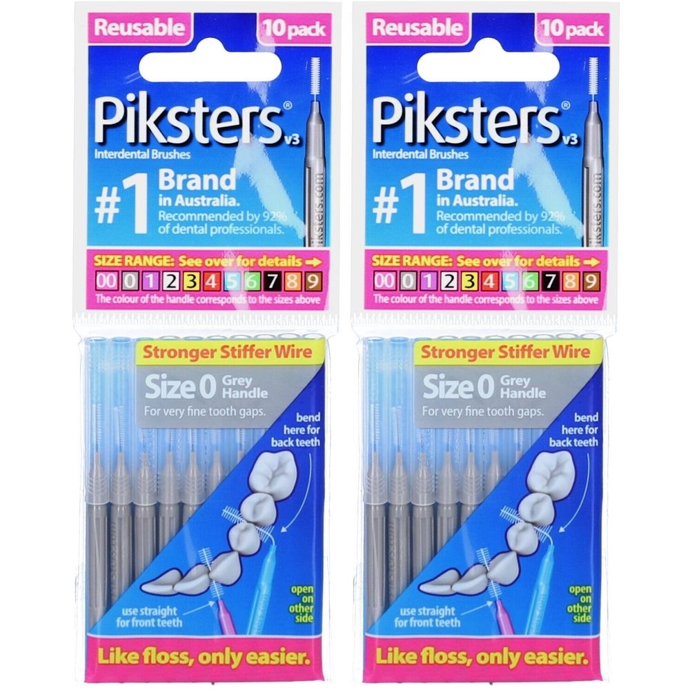 Verpackung mit 4 Packungen Interdentalbürsten. Jede Packung enthält 10 Bürsten. Marke: Piksters. Größe 0, grauer Griff, stärkerer Draht.