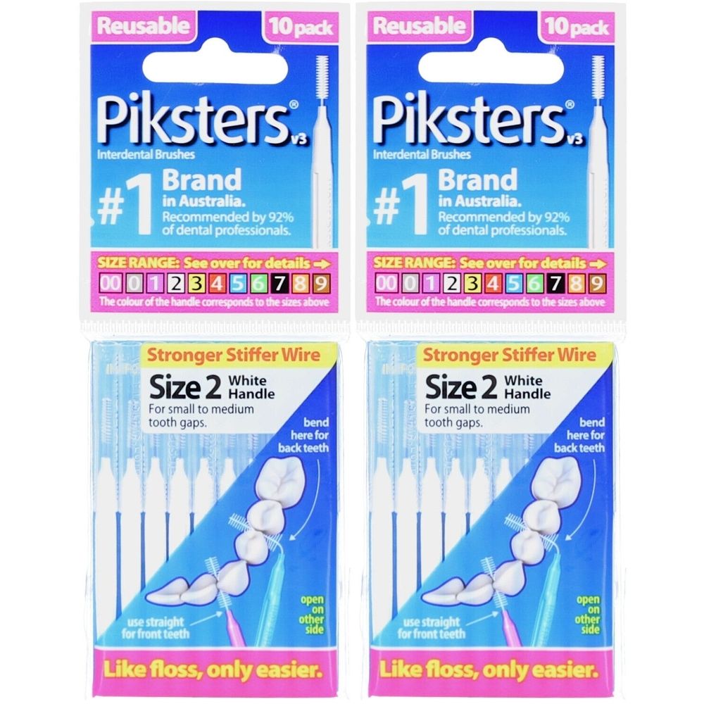 Deux paquets de brossettes interdentaires Piksters. Taille 2, manche blanc, 10 pièces par paquet. Recommandé par les dentistes. Réutilisable.