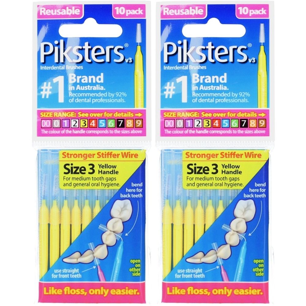 Deux paquets de brossettes interdentaires Piksters, taille 3, manche jaune, 10 pièces. Emballage avec informations et indication de taille.