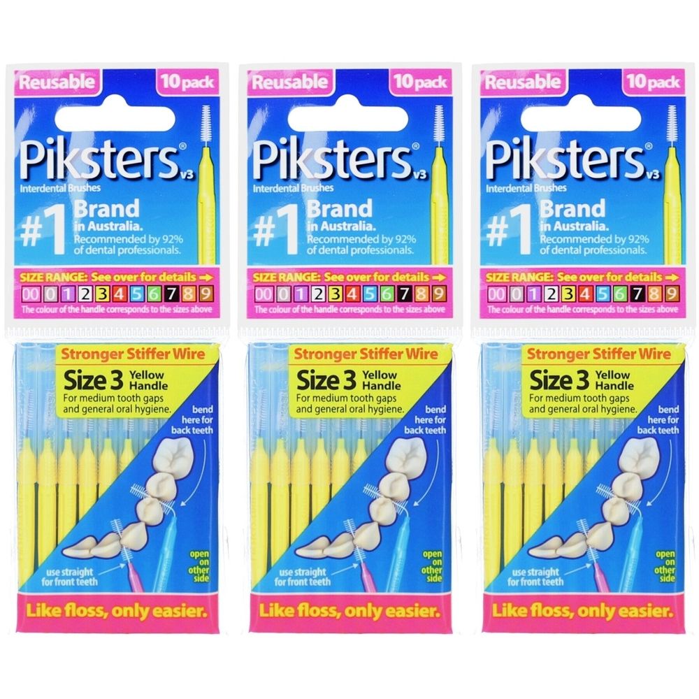 Paquets de brossettes interdentaires jaunes. Inscription: Piksters, taille 3, réutilisable. Recommandé par les dentistes.