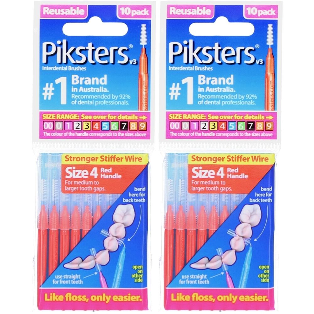 Verpackung mit wiederverwendbaren Interdentalbürsten. Größe 4, roter Griff. 10 Stück. Marke Piksters, empfohlen von Zahnärzten.