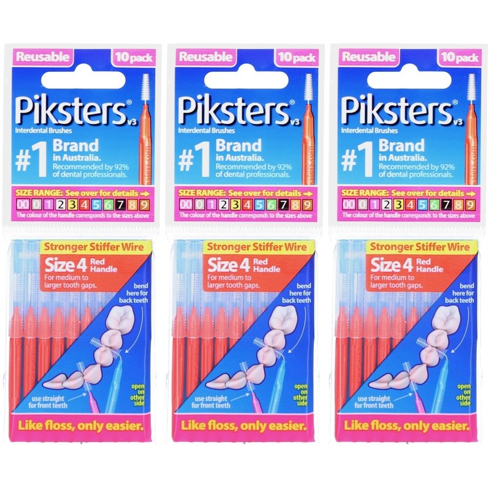 Paquets de brossettes interdentaires. Taille 4, manche rouge. Marque Piksters. Recommandé par les dentistes. 10 pièces.