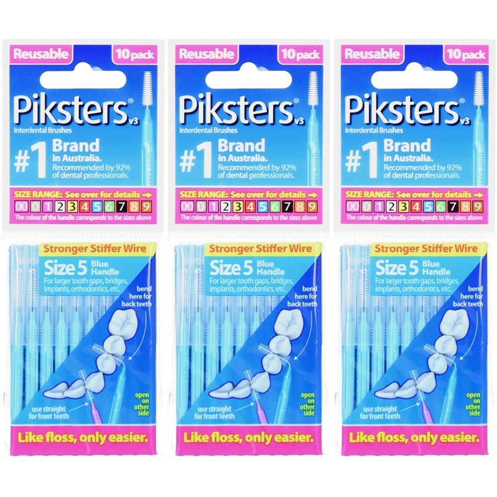 Paquets de brossettes interdentaires Piksters, taille 5, manches bleues. 10 pièces par paquet. Inscription : "Like floss, only easier."