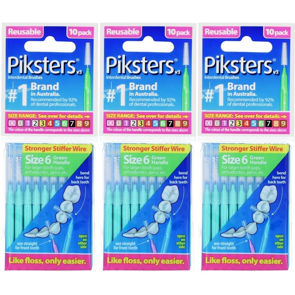 Paquets de brossettes interdentaires Piksters. Taille 6, manche vert. 10 pièces par paquet. "Like floss, only easier."