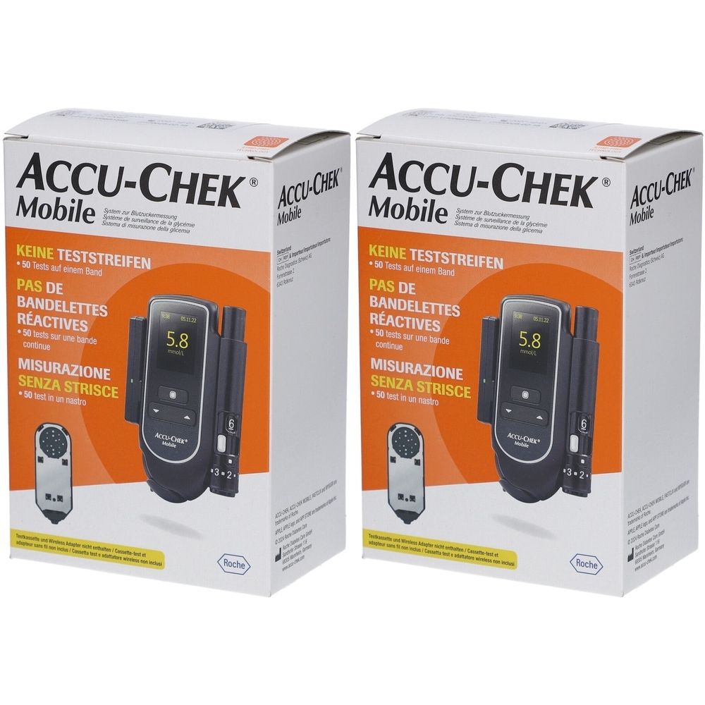 Deux boîtes Accu-Chek Mobile. Chaque boîte montre un lecteur de glycémie avec écran et un petit composant.