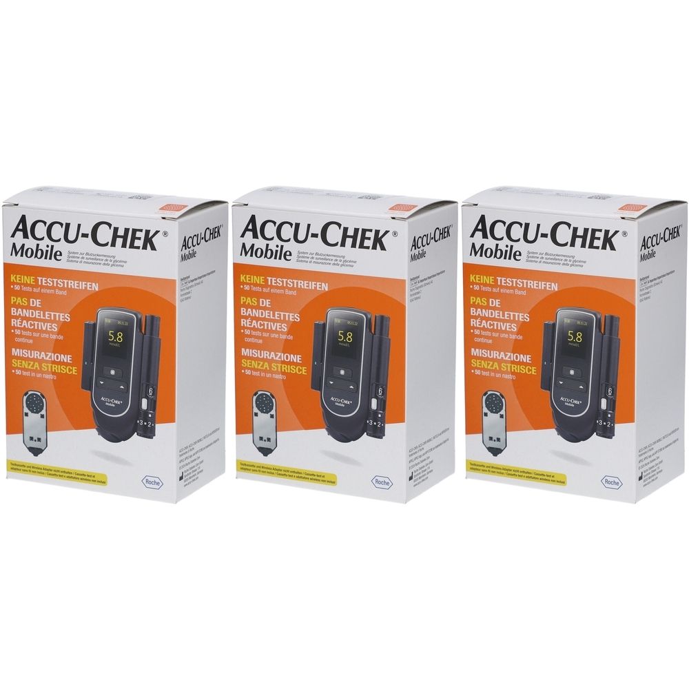 Trois boîtes Accu-Chek Mobile. Chaque boîte montre un lecteur de glycémie et des accessoires. Texte: Pas de bandelettes réactives.