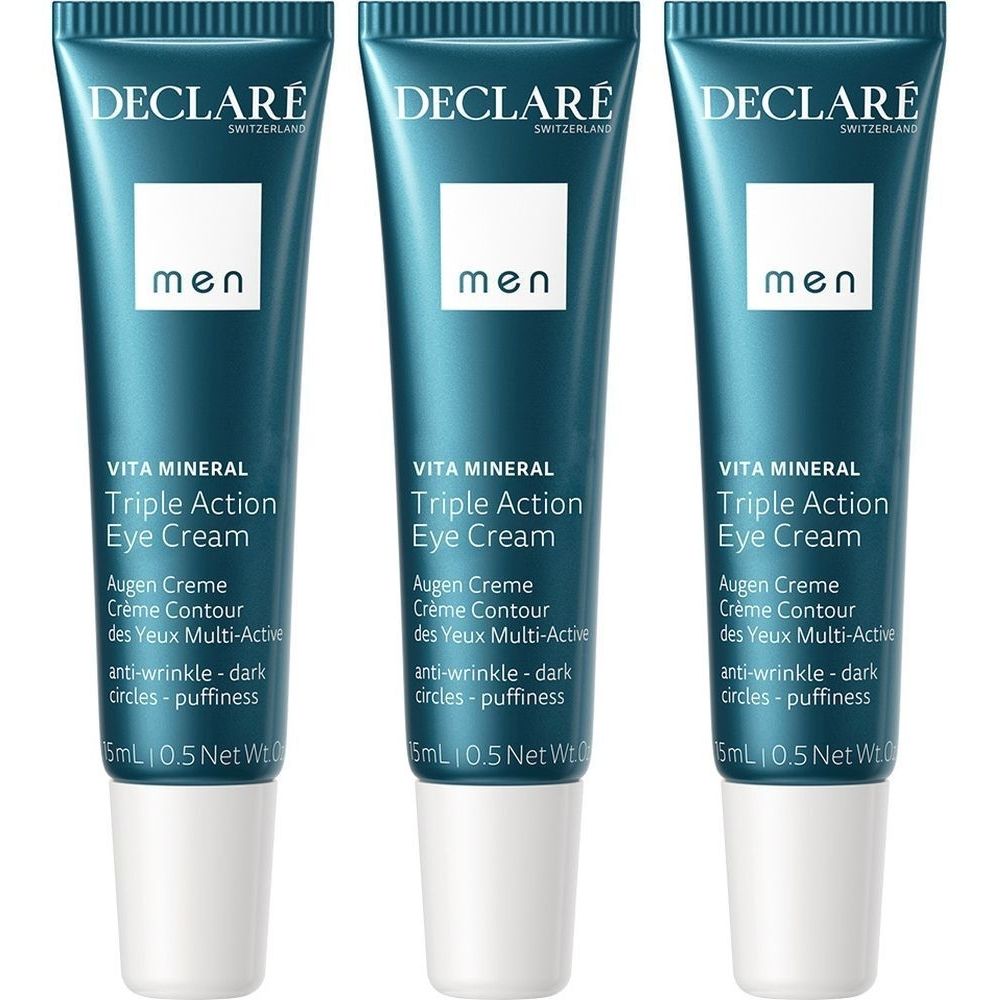 Trois tubes de crème pour les yeux DECLARÉ. Tubes bleu turquoise avec bouchon blanc. Inscription : VITA MINERAL Triple Action Eye Cream.