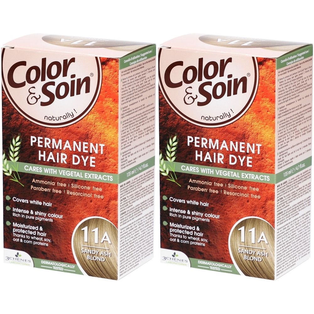Deux boîtes de Color & Soin Permanent Hair Dye. Inscription: 11A Sandy Ash Blond. Contient des extraits végétaux.