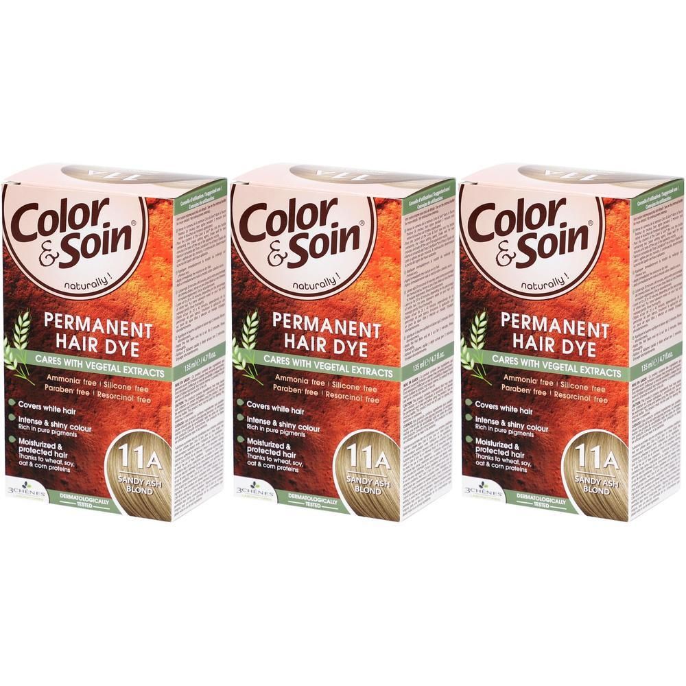 Trois boîtes de Color & Soin Permanent Hair Dye. 11A Sandblond aschfahl. Emballage avec informations et logo.