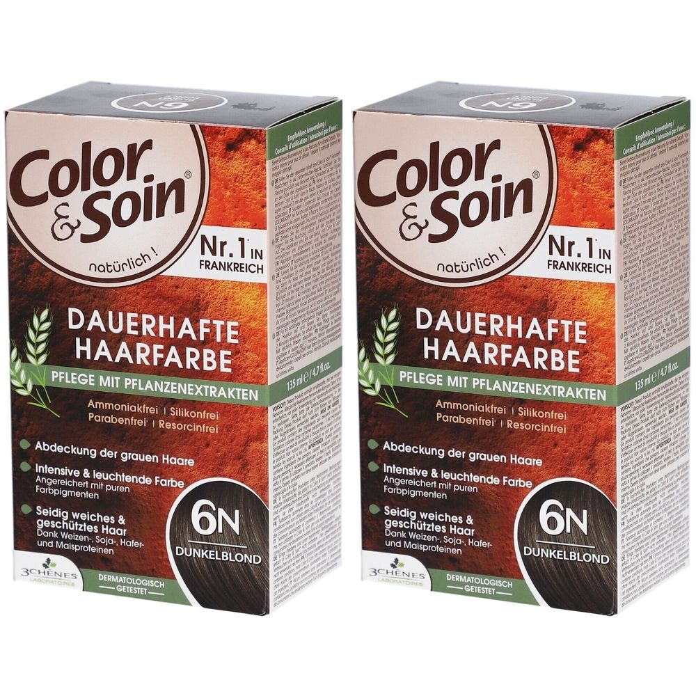 Deux boîtes de Color & Soin® coloration capillaire. Inscription: Coloration permanente 6N Blond foncé. Aux extraits de plantes. N°1 en France.